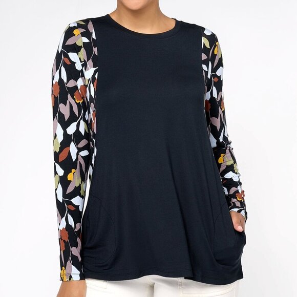 LOGO BY LORI GOLDSTEIN Rayon 230 Long Sleeve Print Mix Top Black Multi Floral S - Picture 1 of 14